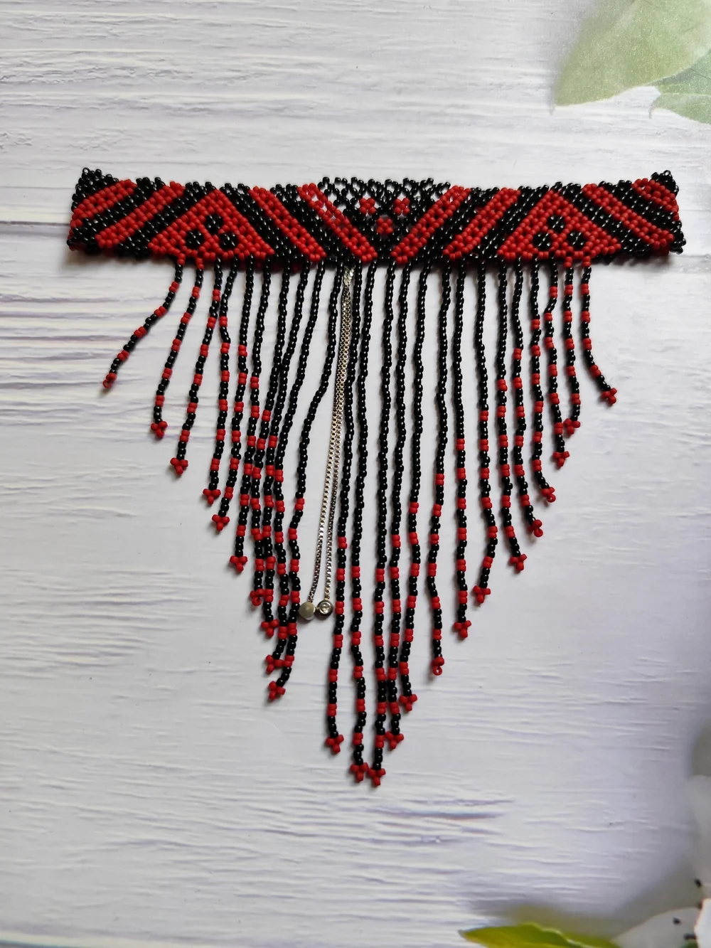Red and Black Beaded Fringe Statement Necklace